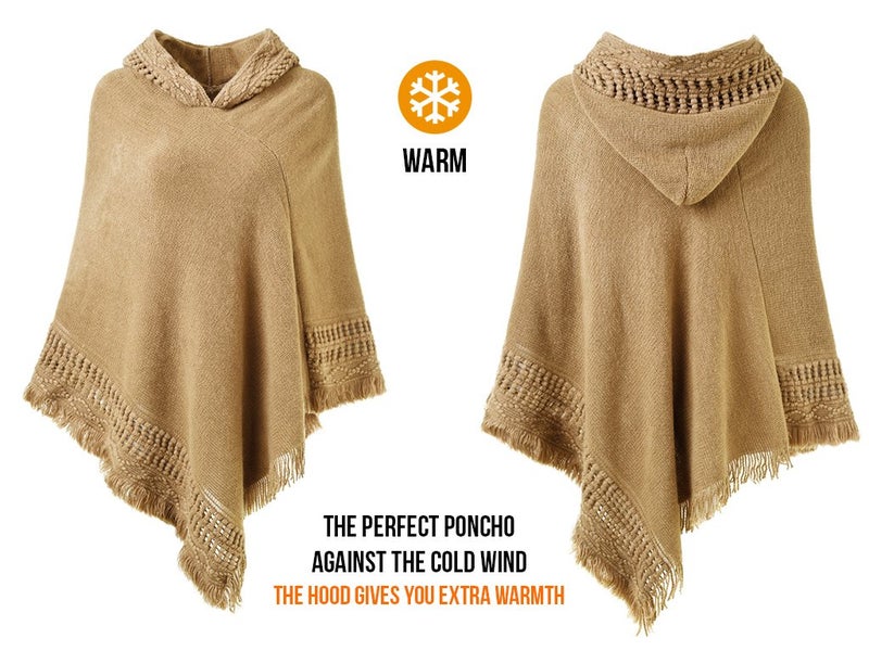 Ferand Ladies' Hooded Cape with Fringed Hem, Crochet Poncho Knitting Patterns for Women, Khaki - Image 3